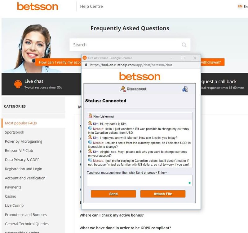 Betsson Live Chat Support