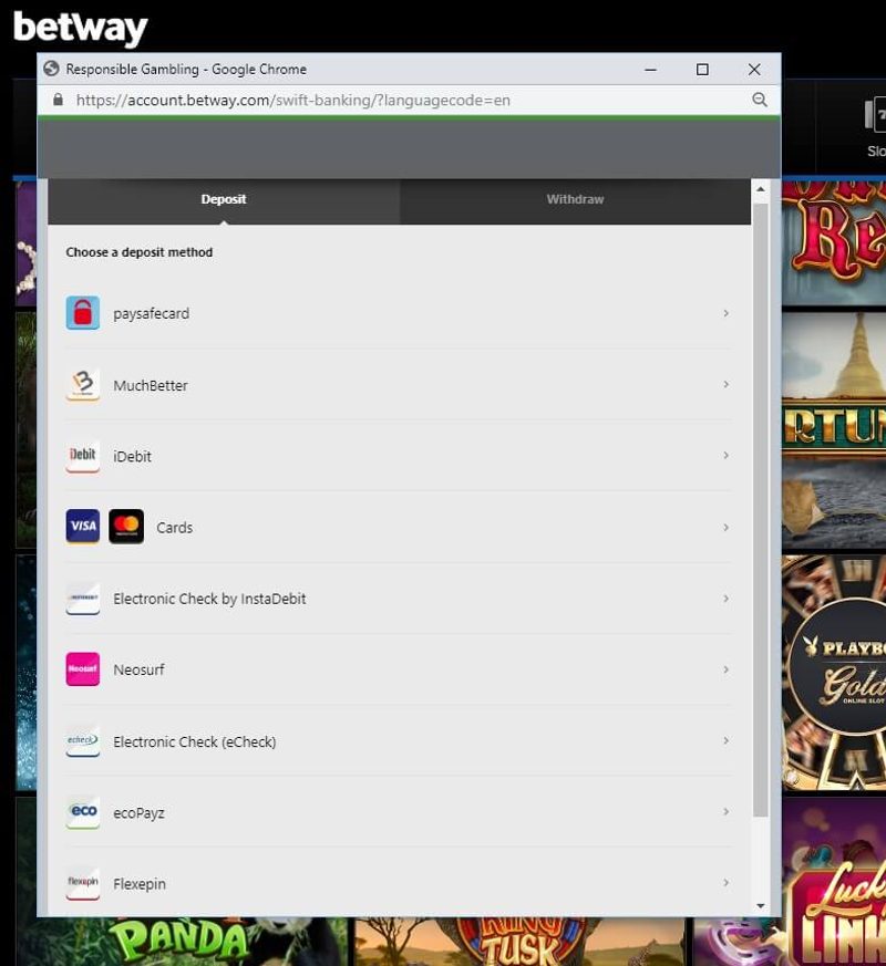 Betway Casino Deposit Options