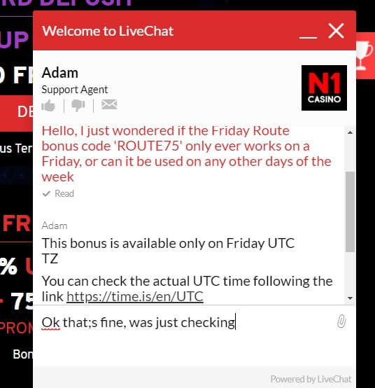 N1 Casino Live Chat