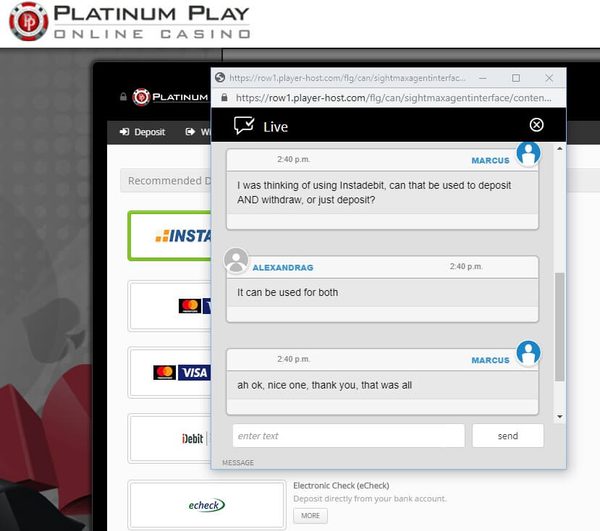 Live Chat at Platinum Play