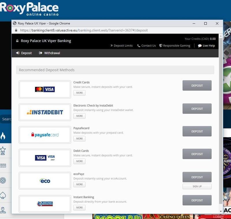 Roxy Palace Casino Payment Options