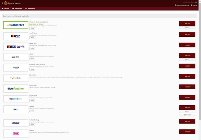 Royal Vegas Deposit Options